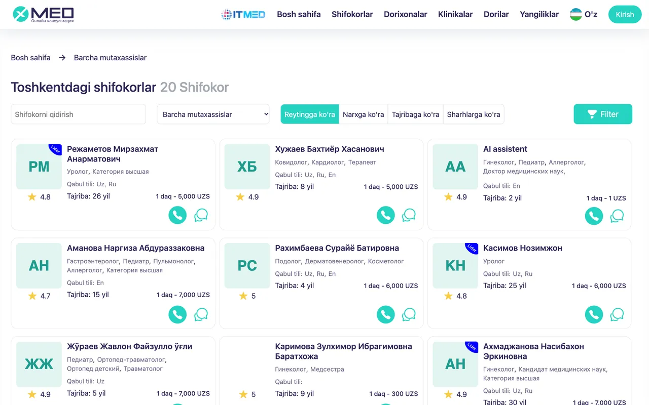 Doctor catalogue: rating, price, experience